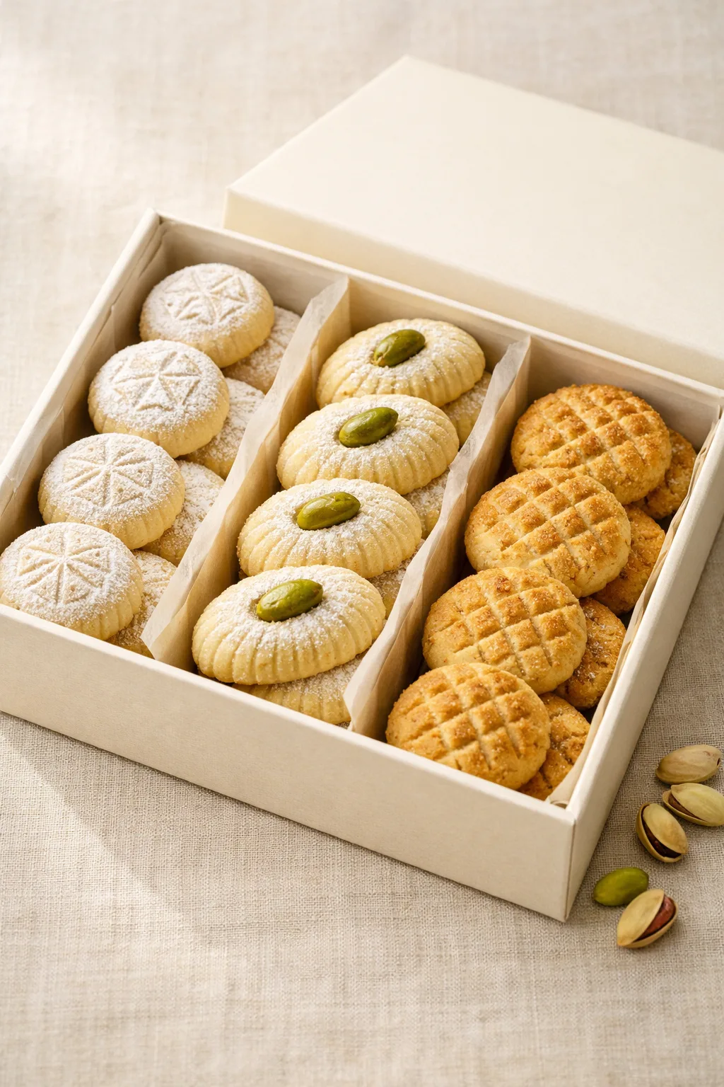 Saffron Datery filled butter cookies — an assortment of date, pistachio, and walnut cookies beautifully arranged