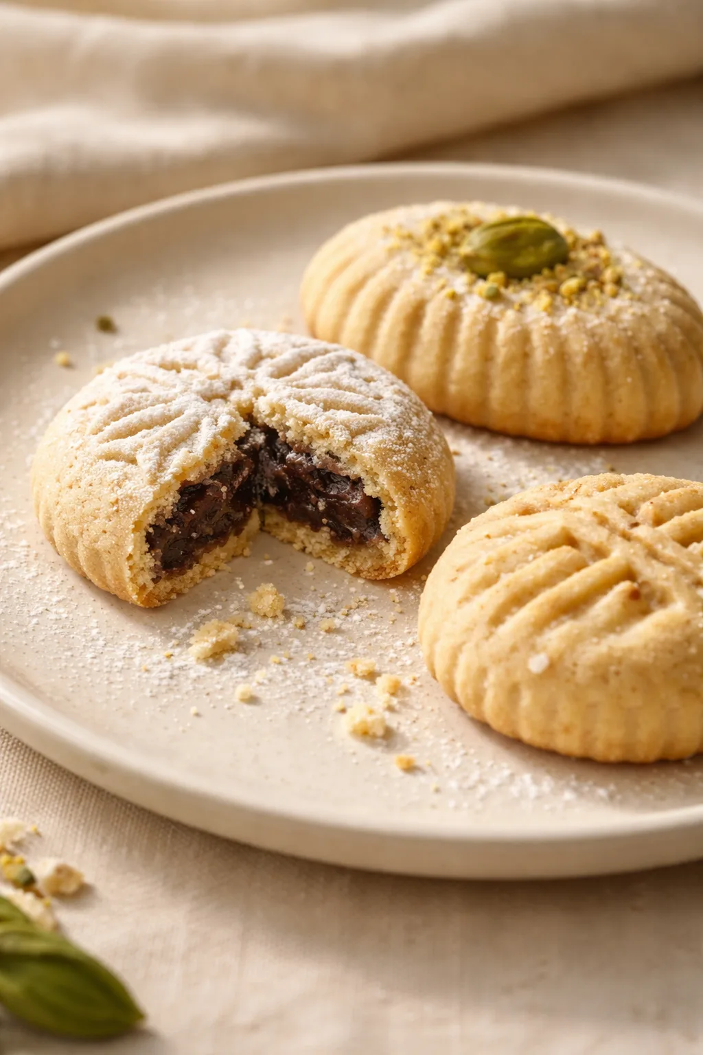 Close-up of hand-shaped maamoul cookies dusted with powdered sugar