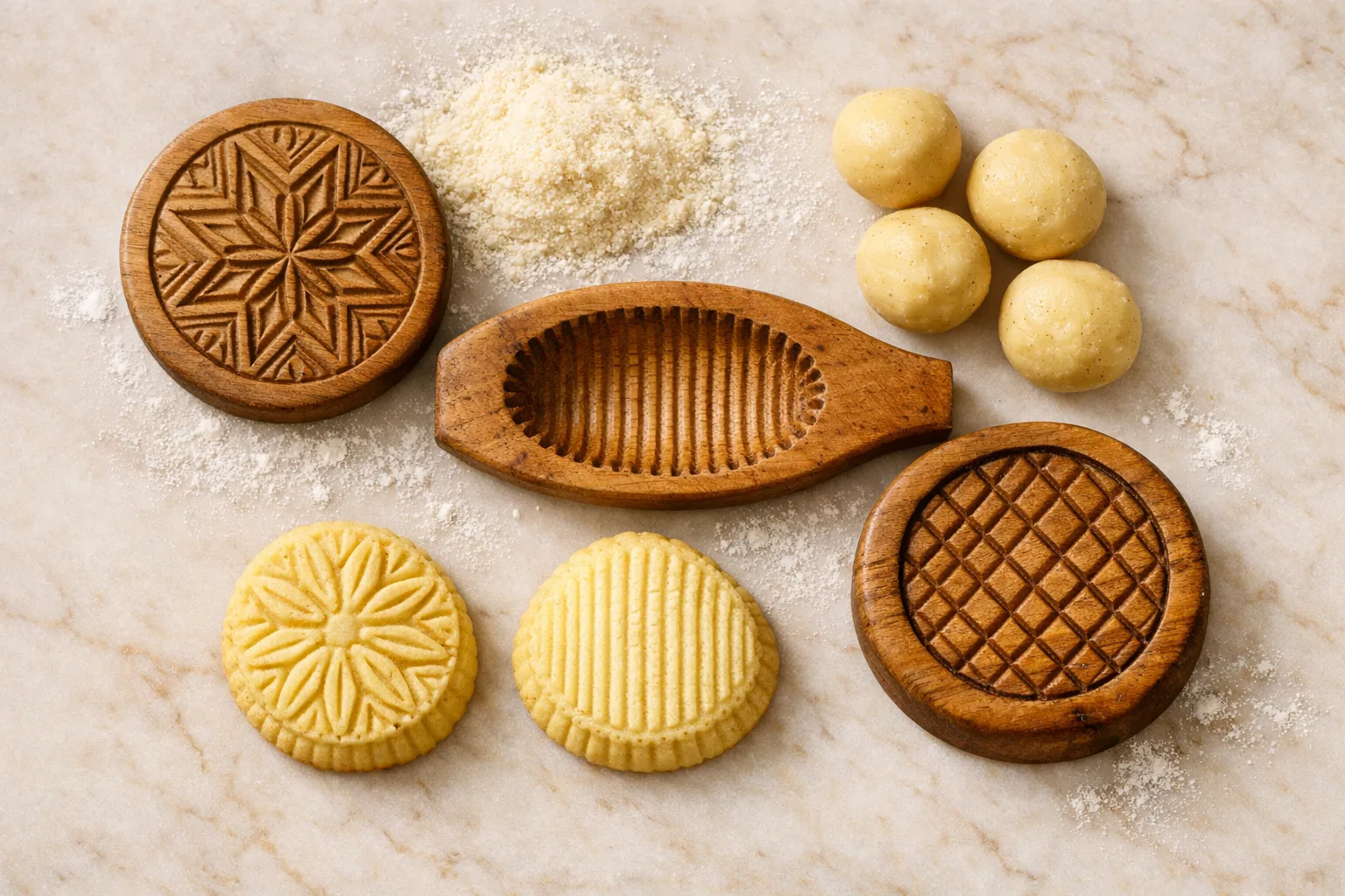 Maamoul cookies being pressed into hand-carved wooden molds