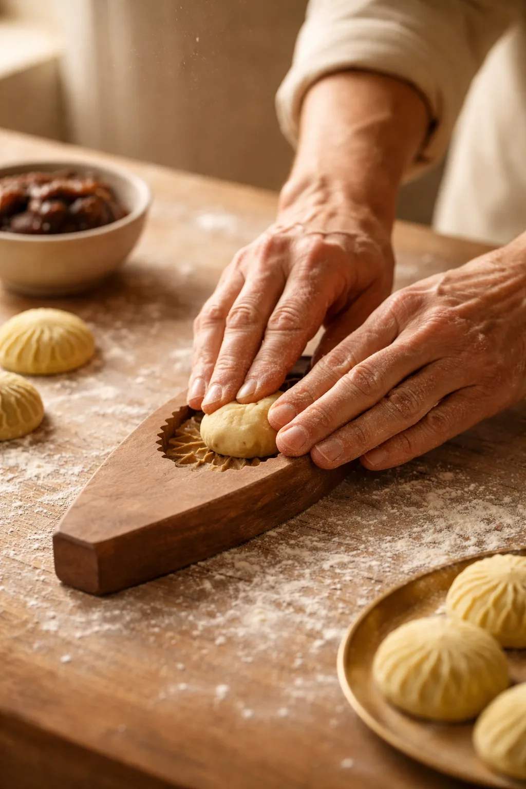 Filled butter cookies being shaped by hand — close-up of maamoul pressed into carved wooden molds